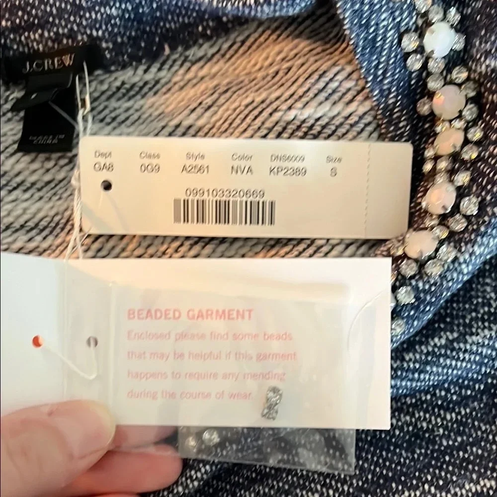 NWT J. Crew Blue and White Heathered Knit Sweater with Embellishments - Sz Small